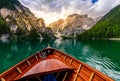 Lake Braies (also known as Pragser Wildsee or Lago di Braies) in Dolomites Mountains, Sudtirol, Italy. Romantic place with typical