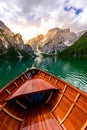 Lake Braies (also known as Pragser Wildsee or Lago di Braies) in Dolomites Mountains, Sudtirol, Italy. Romantic place with typical