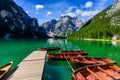 Lake Braies (also known as Pragser Wildsee or Lago di Braies) in Dolomites Mountains, Sudtirol, Italy. Romantic place with typical