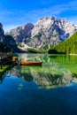 Lake Braies (also known as Pragser Wildsee or Lago di Braies) in Dolomites Mountains, Sudtirol, Italy. Romantic place with typical
