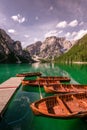 Lake Braies (also known as Pragser Wildsee or Lago di Braies) in Dolomites Mountains, Sudtirol, Italy. Romantic place with typical Royalty Free Stock Photo