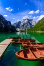 Lake Braies (also known as Pragser Wildsee or Lago di Braies) in Dolomites Mountains, Sudtirol, Italy. Romantic place with typical Royalty Free Stock Photo