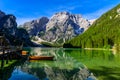 Lake Braies (also known as Pragser Wildsee or Lago di Braies) in Dolomites Mountains, Sudtirol, Italy. Romantic place with typical Royalty Free Stock Photo