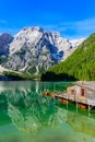 Lake Braies (also known as Pragser Wildsee or Lago di Braies) in Dolomites Mountains, Sudtirol, Italy. Romantic place with typical Royalty Free Stock Photo