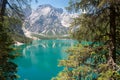 Lake Braies in the Dolomites with the Seekofel mountain in the b Royalty Free Stock Photo