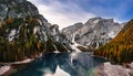 Lake Braies, Italy - Aerial panoramic view at Lake Braies (Lago di Braies) in the Italian Dolomites at autumn Royalty Free Stock Photo