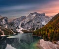 Lake Braies, Italy - Aerial panoramic view at Lake Braies (Lago di Braies) in the Italian Dolomites at South Tyrol Royalty Free Stock Photo