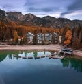 Lake Braies, Italy - Beautiful autumn scene at Lake Braies Lago di Braies in the Italian Dolomites at South Tyrol Royalty Free Stock Photo