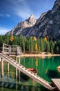 famous lake Braies in Italy with Dolomites mountains in background, Pragser wildsee