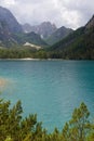 Braies lake seen from the path that surrounds Lake Braies. Dolomites, northern Italy, Europe