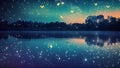 A lake brimming with clear, glistening water reflects the brilliant night sky adorned with countless stars, Starry night over a