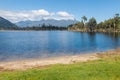 Lake Brunner (Moana) shoreline with Hohonu range and ancient podocarp trees in background Royalty Free Stock Photo