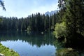 Lake Caress Dolomites Italy. Lake of Caresse in Italy. Scenic place and famous touristic destination. Primeval nature