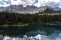 Lake Caress Dolomites Italy. Lake of Caresse in Italy. Scenic place and famous touristic destination. Primeval nature