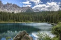 Lake of Carezza. Lake Carezza with Mount Latemar, Bolzano province, South tyrol, Italy. Lago di Carezza lake or The Karersee with