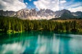 Lake Carezza with Latemar in background Royalty Free Stock Photo