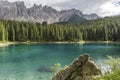 Lake of Carezza. Lake Carezza with Mount Latemar, Bolzano province, South tyrol, Italy. Perfectly clear emerald lake in Dolomites