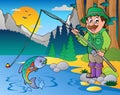 Lake with cartoon fisherman 1 Royalty Free Stock Photo