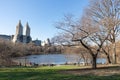 Central Park Lake during Spring with the Upper West Side Skyline in New York City Royalty Free Stock Photo