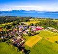 Lake Chiemsee Ising Bavaria. Aerial Panorama. Landscape. Agriculture Fields Royalty Free Stock Photo