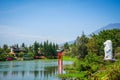 Lake with chinese gate and merlion singapore icon miniature in indonesia