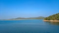 Lake with clear blue sky and green forest background, summer scene