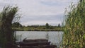 Lake on a clear summer day against the forest, with a pier in the foreground Royalty Free Stock Photo