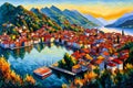 Lake Como panoramic view, Italy, Digital painting