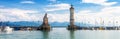 Lake Constance, panoramic view of harbor entrance in Lindau island, Germany Royalty Free Stock Photo