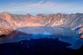 Lake in the crater of a volcano at sunset. Reflection of water. Indonesia. Rinjani volcano.