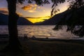 Lake Crescent scenery. Sunset over the lake and the mountain range. Olympic National Park or Peninsula, WA, USA