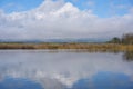 Lake dam landscape with reflection of Gardunha mountains and trees on a cloudy day in Santa Agueda Marateca Dam in Portugal