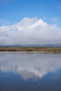 Lake dam landscape with reflection of Gardunha mountains and trees on a cloudy day in Santa Agueda Marateca Dam in Portugal