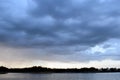 Lake and Dark blue stormy cloudy sky in evening