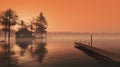 A lake at dawn, with a wooden house and a wooden dock, and fog floating over the calm waters Royalty Free Stock Photo