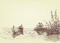 Lake drawing, empty boat on water Royalty Free Stock Photo