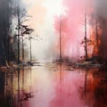 The Lake: A Dynamic And Dramatic Painting Of Red And Pink Trees Royalty Free Stock Photo