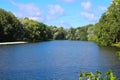 Lake Elagina in St. Petersburg park surrounded by trees against a background of blue sky with clouds Royalty Free Stock Photo