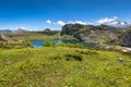 Lake Enol and mountain retreat, the famous lakes of Covadonga, A Royalty Free Stock Photo