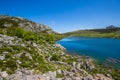 Lake Enol and mountain retreat, the famous lakes of Covadonga, A Royalty Free Stock Photo