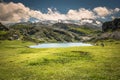 Lake Enol and mountain retreat, the famous lakes of Covadonga, A Royalty Free Stock Photo