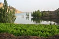 Lake at the entrance of Jiaohe Ruins landscape. 10 km west of the city of Turpan in Xinjiang Uyghur Autonomous Region