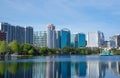 Lake Eola, High-rise buildings, skyline, and fountain Royalty Free Stock Photo