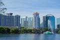 Lake Eola, High-rise buildings, skyline, and fountain Downtown Orlando, Florida, United States, April 27, 2017. Royalty Free Stock Photo