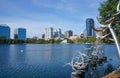 Lake Eola, High-rise buildings, skyline, and fountain Downtown Orlando, Florida, United States, April 27, 2017. Royalty Free Stock Photo