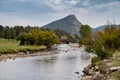 Lake Estes in Estes Park Colorado, view of the river with a bridge and mountain in the background