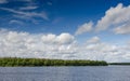 Lake Finland blue sky white clouds coniferous forest landscape Royalty Free Stock Photo