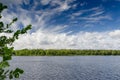 Lake Finland blue sky white clouds coniferous forest landscape Royalty Free Stock Photo