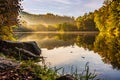 Lake fog landscape with Autumn foliage and tree reflections in Styria, Thal, Austria