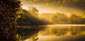 Lake fog landscape with Autumn foliage and tree reflections in Styria, Thal, Austria